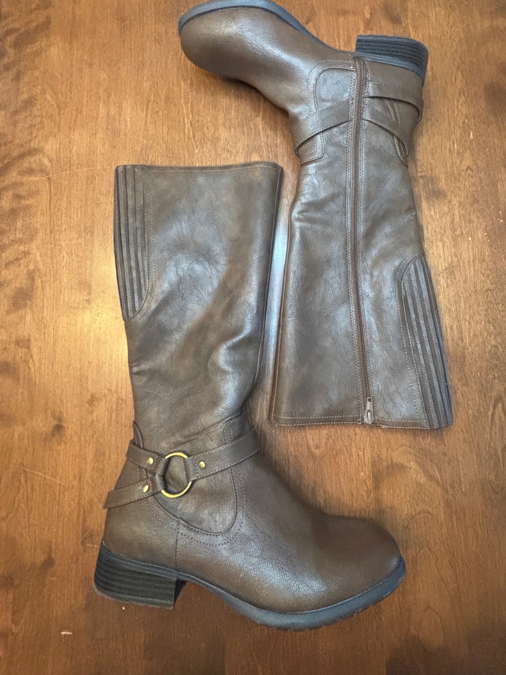 Life Stride Tan Leather Knee-High Boots with Ankle Strap Detail